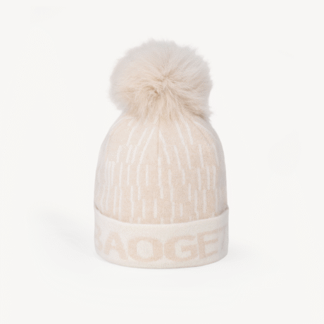 Cashmere Two-Tone Jacquard Knit Beanie with Letter Logo & Fox Fur Pom-Pom